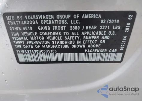 2016 Volkswagen Passat 1.8T S z USA, uszkodzony, nr VIN 1VWAS7A30GC031755